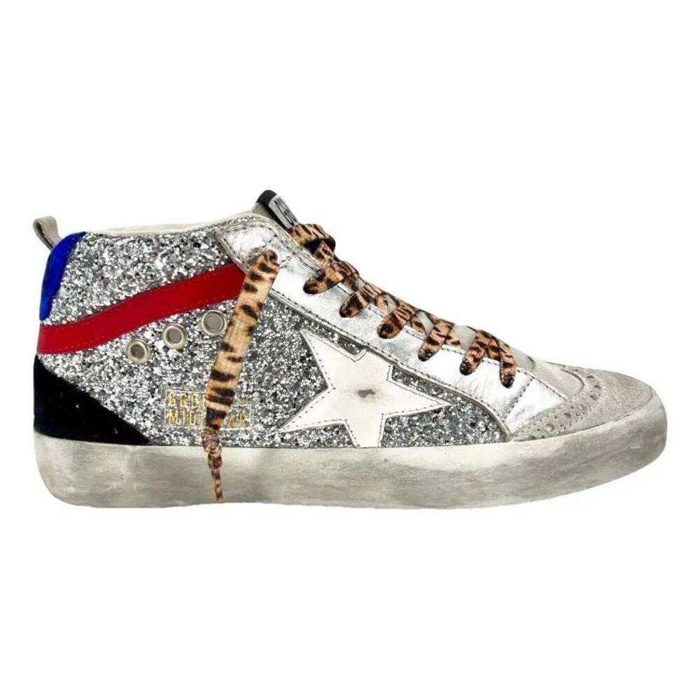 Golden Goose Mid Star silver glitter with cheetah laces size 37/ US 7